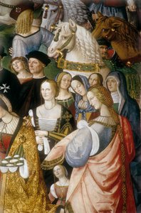 Enee Silvio Piccolomini stellt Eleonore von Portugal Kaiser Friedrich III. des Heiligen Römischen Reiches am Camollia-Tor in Siena vor (Detail) von Bernardino di Betto Pinturicchio