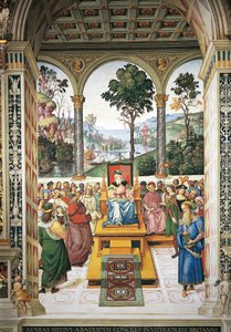 Italien, Siena, Kathedrale, Piccolomini-Bibliothek, Enea Silvio Piccolomini hält eine Rede vor König Jakob I. von Schottland (Detail)