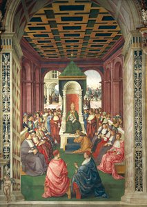 Italien, Siena, Kathedrale, Piccolomini-Bibliothek, Enea Silvio Piccolomini in der Unterwerfung vor Papst Eugen IV. (Detail)