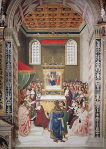 Italien, Siena, Kathedrale, Piccolomini-Bibliothek, Enea Silvio Piccolomini erhält den Kardinalshut von Calixtus III., Detail aus Geschichten von Pius II.