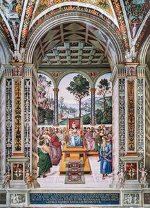 Die Piccolomini-Bibliothek, Nordostwand: „Aeneas Sylvius hält eine Rede vor König Jakob I. von Schottland, Winter 1435“