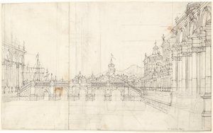 Ein Capriccio von Palästen und einer Loggia mit Blick auf eine klassische Brücke von Bernardo Bellotto