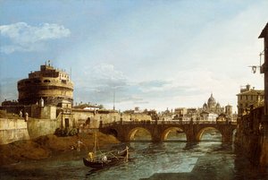 Ein Blick auf Rom nach Westen, mit Booten entlang des Tiber und der Engelsburg in der Ferne