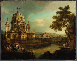 Ein Capriccio mit einer Kuppelkirche und Gebäuden in Pirna von Bernardo Bellotto