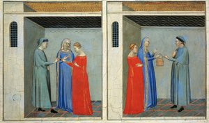 Predella mit Geschichten der Sacra Cintola: Hochzeit von Michael, der die Mitgift der Sacra Cintola erhält von Bernardo Daddi
