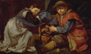 Ein Mädchen und ein Junge mit einem Kohlenbecken von Bernardo Eberhart Keilhau
