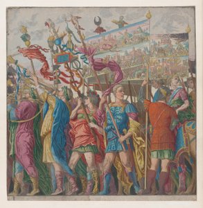 Blatt 1: Soldaten tragen Banner, die die triumphalen militärischen Erfolge von Julius Caesar darstellen