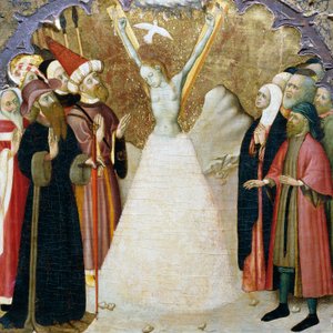 Das Martyrium der hl. Eulalia, Detail (vom Predella eines Altars) aus der Kathedrale von Vic, von Bernat Martorell, katalanische gotische Kunst