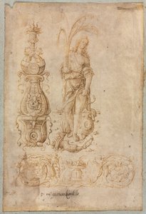 Entwurf für einen Kandelaber, Allegorische Figur des Überflusses, Ornamentaler Reliefentwurf, ca. 1490er Jahre von Bernardo Parentino
