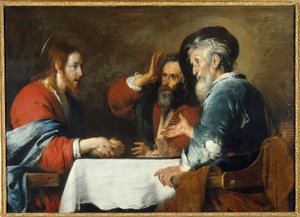 Christus in Emmaus. Christus erscheint den Pilgern an einem Tisch in einem Gasthaus in Emmaus. Gemälde von Bernardo Strozzi, 1640 von Bernardo Strozzi