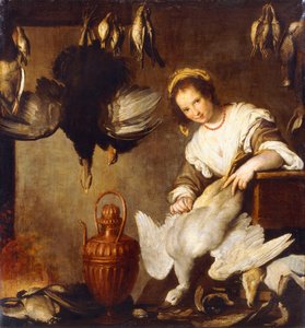 La Cuoca - Eine Küchenmagd, die in einem Innenraum eine Gans rupft von Bernardo Strozzi