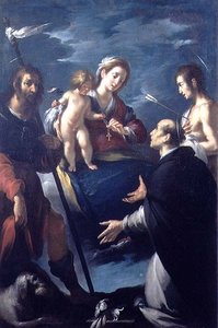 Madonna des Rosenkranzes mit St. Rochus, St. Dominikus und St. Sebastian von Bernardo Strozzi