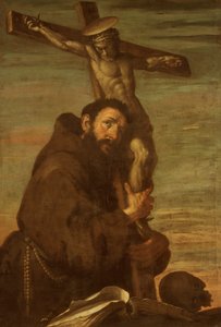 Der heilige Franz von Assisi umarmt ein Kruzifix, ca. 1600-1640 von Bernardo Strozzi