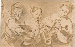 Drei Musiker, die Hörner und Pfeife spielen von Bernardo Strozzi