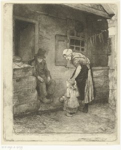 Frau mit kleinem Kind steht bei sitzendem alten Mann vor Arbeiterwohnung von Bernardus Johannes Blommers