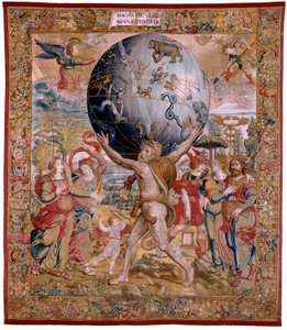 Flämischer Wandteppich. Serie Die Sphären. Herkules, der die Himmelskugel stützt (Hércules sostiene la esfera celeste). Erster Wandteppich der Serie. Modell Barend van Orley oder Pieter Coecke van Aelst. 1525-1530. Herstellung Joris Vezeleer (Georg Wezeler