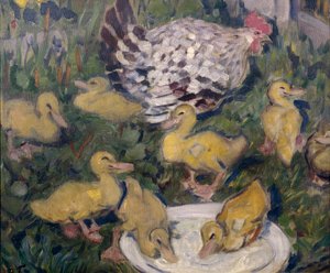 Henne mit Entenküken