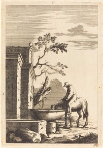 Pferd und Reiter an einem Brunnen