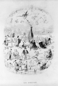 Getränke: eine Menge in Anbetung vor einer Weinflasche und den verschiedenen Getränkesorten in Brillat - Savarin, illustriert von Bertall. Paris 1840. Jean Anthelme Brillat-Savarin, französischer Gastronom
