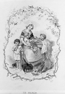 Die Nanny: eine junge Mutter gibt ihren drei Kindern Essen in „La Physiologie du Goût“ von Brillat-Savarin, illustriert von Bertal. Paris 1840. Jean Anthelme Brillat-Savarin (Brillat-Savarin) (1755-1826) französischer Gastronom. von Bertall