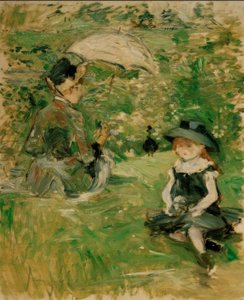 Junge Frau und Kind auf der Insel von Berthe Morisot