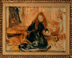 Junges Mädchen spielt mit einem Hund, 1892 von Berthe Morisot