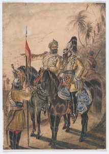 Zwei berittene Offiziere und ein abgestiegener Sowar, 4. Bengalische Irreguläre Kavallerie, ca. 1850