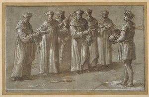 Sechs Anatomiemeister, die einen Schädel und gehäutete Gliedmaßen diskutieren von Biagio Pupini
