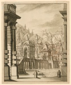 Bühnenbild, Stadt auf Hügel mit Türmen von Bibiena Family, 1657