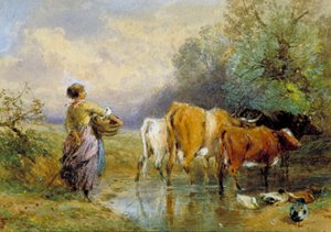 Ein Mädchen treibt Vieh durch einen Bach von Birket Foster