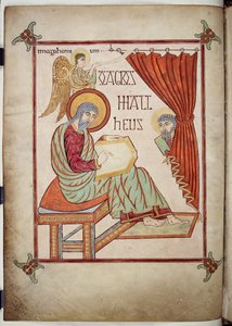 St. Matthäus, schreibend, mit seinem Symbol, aus den Lindisfarne Evangelien, 710-721 von Bishop of Lindisfarne Eadfrith