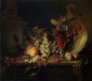 Stillleben mit Obst, Glas Wein, 1863