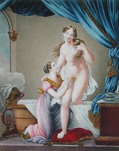 Frau steigt aus ihrem Bad, assistiert von ihrer Magd, um 1820 von Blaizot (after)