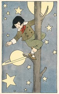 Junge klettert auf einen Baum zwischen Sternen und Planeten von Blanche Fisher Wright