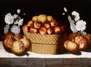 Äpfel in einem Weidenkorb, Granatäpfel und Stockrosen auf einem drapierten Sims von Blas de Ledesma
