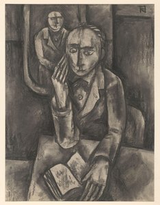 Mann sitzt am Tisch mit einem offenen Buch von Bob Hanf (signed by artist)