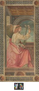 Gegenfassade südliches Querschiff, Boccaccio Boccaccino, Verkündigung (Detail des Engels), frühes 16. Jahrhundert, Fresko abgerissen von Boccaccio Boccaccino