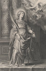Heilige Katharina mit Palmzweigen und Schwert, zwei Putti darüber mit einem Lorbeer... von Boetius Adams Bolswert