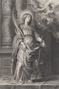 Heilige Katharina mit Palmblättern und Schwert, zwei Putti darüber mit einem Lorbeerkranz, ca. 1625-59 von Boetius Adams Bolswert