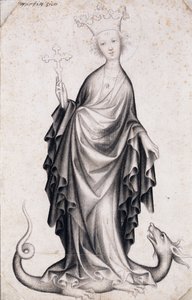 Heilige Margarete von Antiochia (gestorben um 305) (Saint Margaret) (sie hält ein Kruzifix und tritt auf einen Drachen) - Werk eines böhmischen Meisters (aktiv 1410-1420), Bleistift und Pinsel auf Papier (21,4x14 cm), um 1410 - Szépművészeti Múzeum, Budape