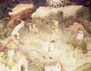 Der Monat Dezember, (Detail) Männer beim Bäume fällen, ca. 1400
