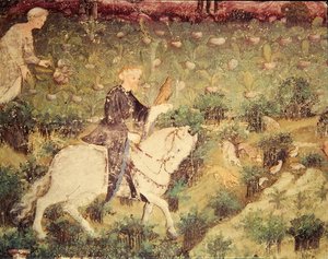 Der Monat September, Detail eines Reiters mit einem Falken, ca. 1400 von Bohemian School