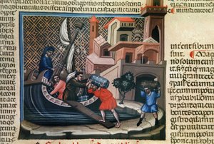 Warenverladung auf ein Schiff, aus dem Manuskript "Justiniano Institutiones Feodorum et Alia", ca. 1300