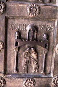 Tafel, die die Heimsuchung an der Porta di S. Ranieri darstellt von Bonannus of Pisa