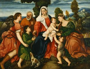 Die Heilige Familie mit Tobias und dem Engel, der Heiligen Dorothea, Giovannino und dem Wunder des Korns im Hintergrund