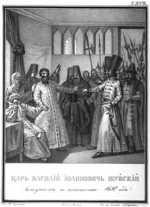 Mönchische Weihe von Zar Wassili Iwanowitsch Schuiski, 1610 Aus dem illustrierten Karamzin, 1836 von Boris Artemyevich Chorikov