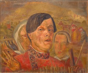Selbstporträt mit Hahn und Henne, um 1924