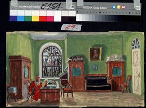 Vorbereitendes Bühnenbild für das Theaterstück Der Tod von Pasukhin von Mikhail Saltykov-Shchedrin von Boris Mikhailovich Kustodiev