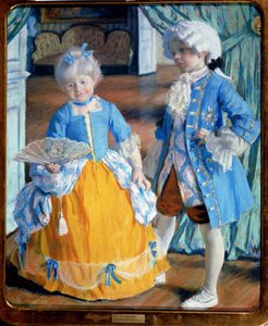 Kinder im Rokoko-Kostüm. Der Junge trägt Strümpfe und Perücke, das Mädchen hält einen Spitzenfächer. Gemälde von Boris Michailowitsch Kustodijew (1878-1927), Öl auf Leinwand von Boris Mikhailovich Kustodiev