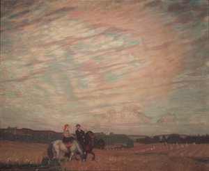 Selbstporträt mit der Frau zu Pferd, 1915 von Boris Mikhailovich Kustodiev